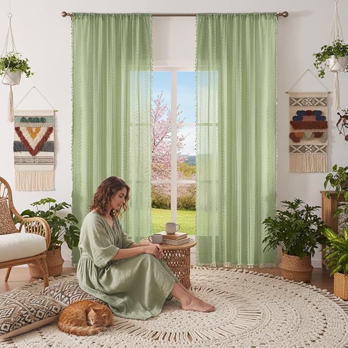 WAZZIO Boho Lace Curtains 84 Inches 2 Panel, Light Filtering Privacy Tassel & by WAZZIO