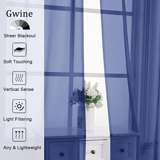 Gwine Royal Blue Sheer Curtains 30 Inch Length, Short Light Filtering Voile - Image 3