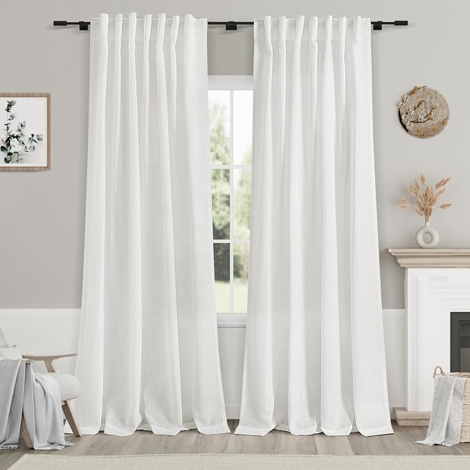 Nanspring White Linen Curtains Back Tab Rod Pocket Sheer Drapes 97 Inches Long by Nanspring