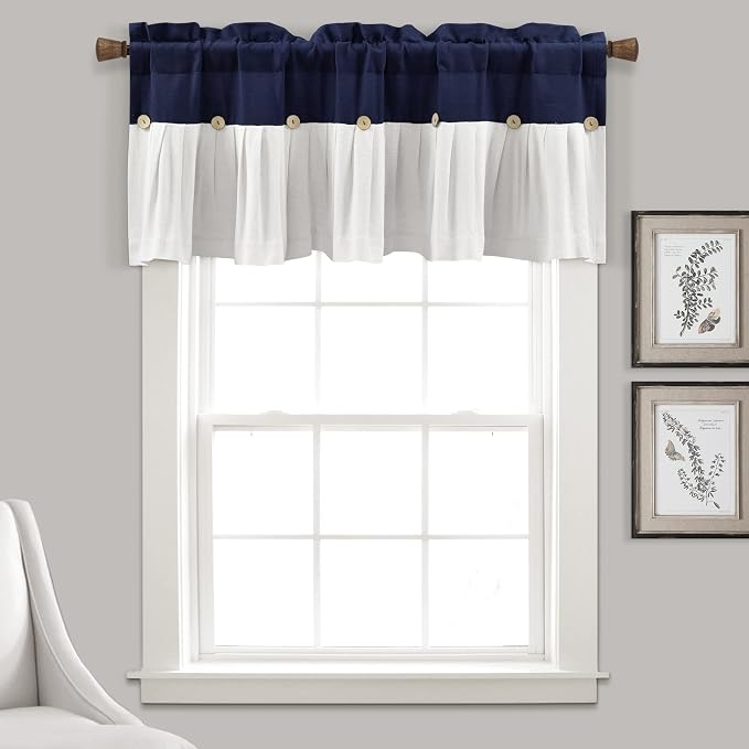Lush Decor Linen Button Farmhouse Valance Curtians 52"W x 18"L Navy & White by LushDecor