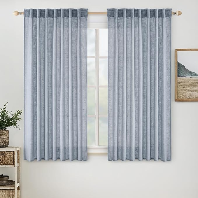 MIULEE Chambray Blue Linen Curtains 54 Inch Length 2 Panels by MIULEE