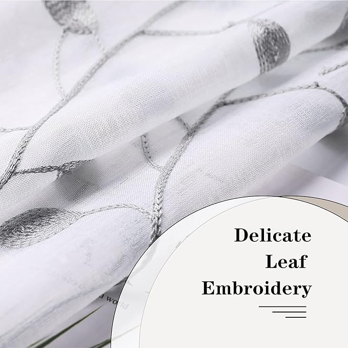 MRTREES Sheer Voile Curtain Valances, Leaves Embroidered Valance Curtains Rod - Image 3