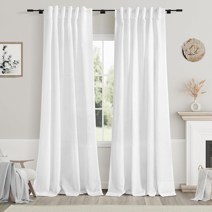White Linen Curtains 84 Inch Length 2 Panels Back Tab Rod Pocket Semi Sheer by Nanspring