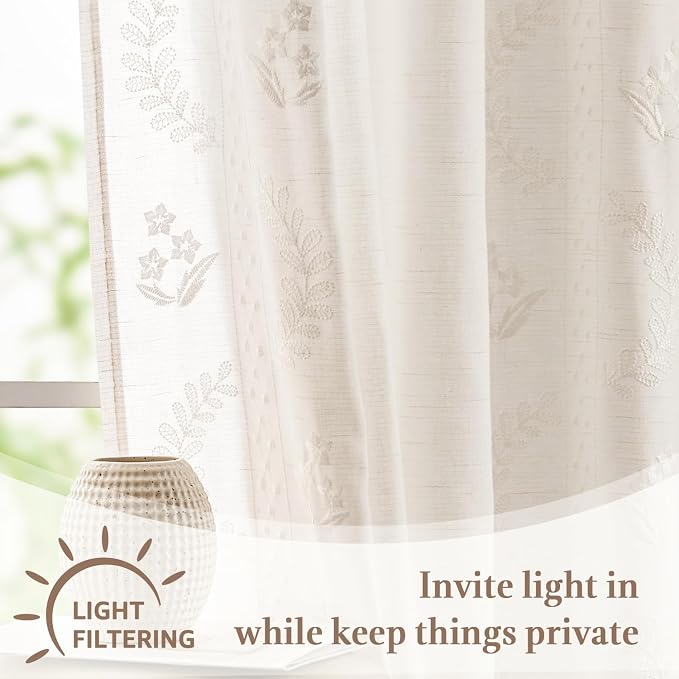 jinchan Belrose Linen Floral Cafe Curtains 45 Inch Length Embroidered Farmhouse - Image 6