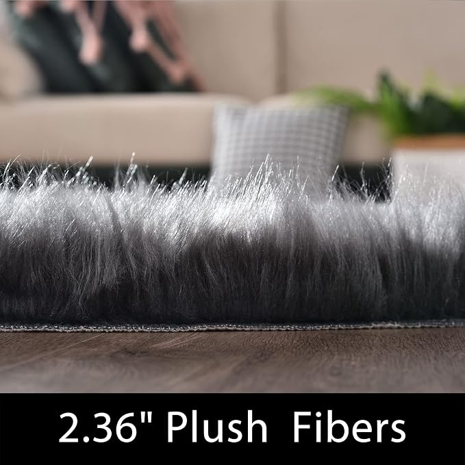 Latepis Dark Grey Rugs 6x8 Area Living Room Faux Sheepskin Fur Rug - Image 2