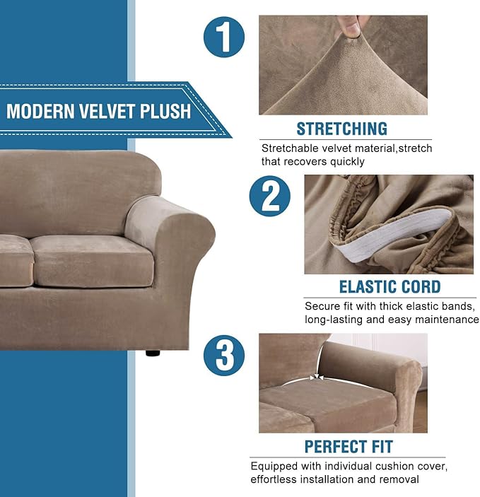 H.VERSAILTEX Velvet Plush 4 Piece High Stretch Sofa Slipcover Cover Furniture - Image 3