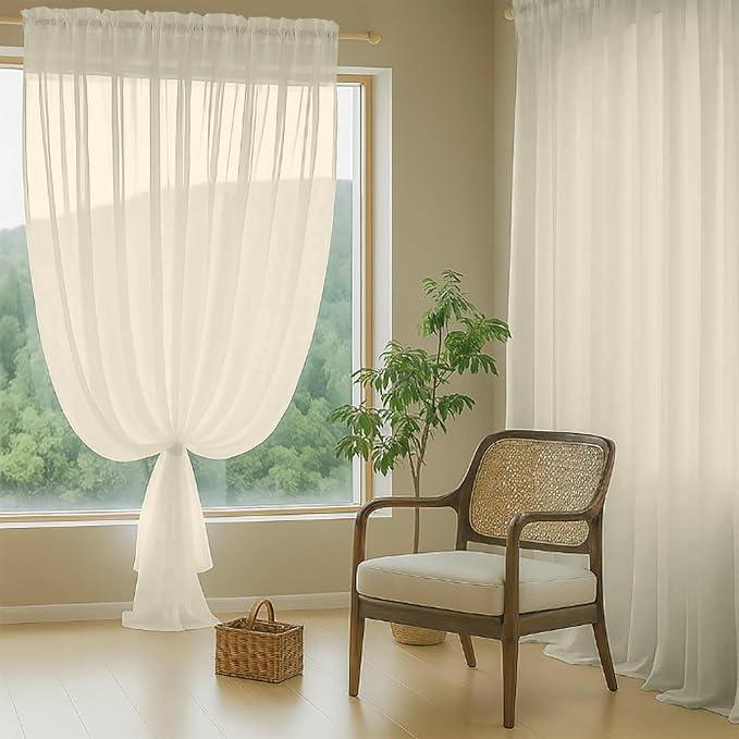 Cream Sheer Curtains 90 Inches Long 2 Panels, Light Filtering Solid Sheer - Image 8