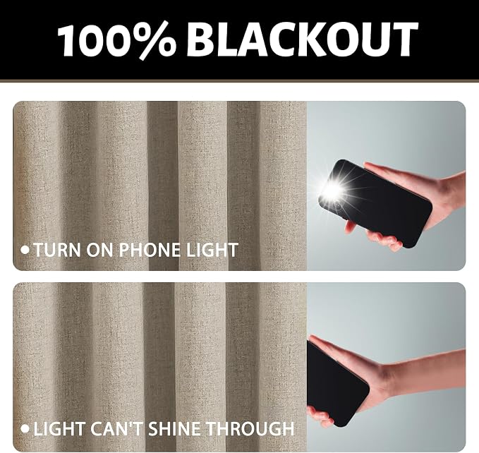 Yakamok Natural Linen Curtains 100% Blackout 96 Inches Long, Room Darkening - Image 2