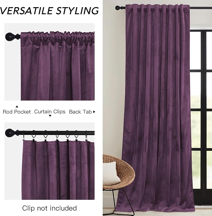 RYB HOME Purple Velvet Curtains 84 inches, Back Tab Soft Fabric Room Darkening - Image 3