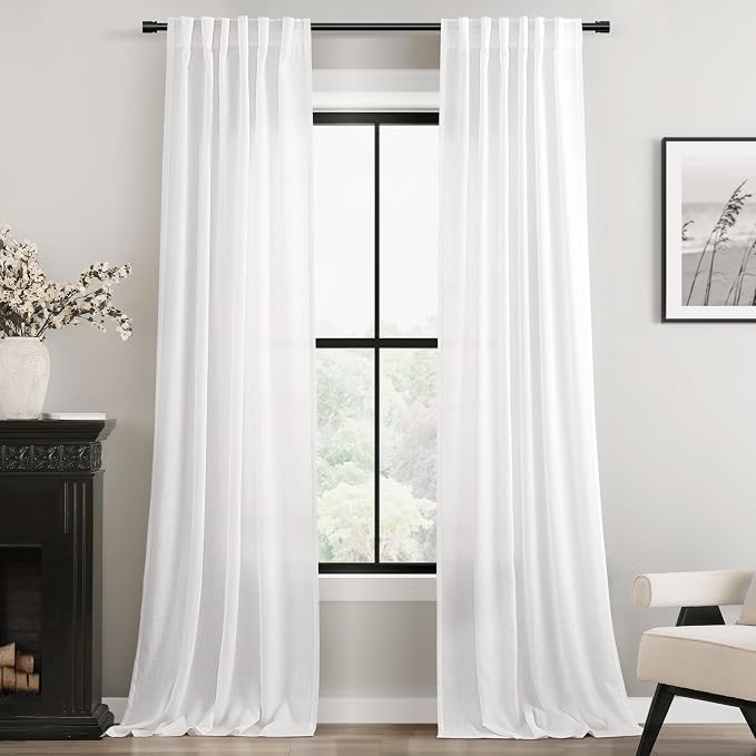 White Curtains 102 inches Long 2 Panels Back Tab Light Filtering Cotton by Jolilight