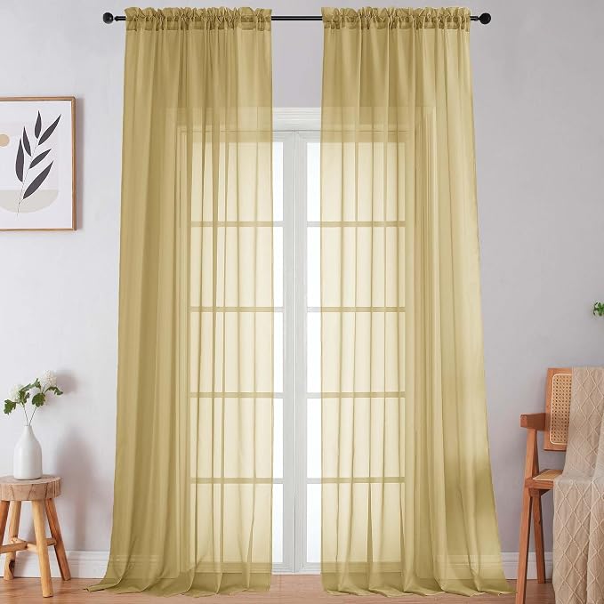 Extra Long Gold Sheer Curtains for Bedroom Living Room 108 Inches Long 2 Panels by WelvetBLK