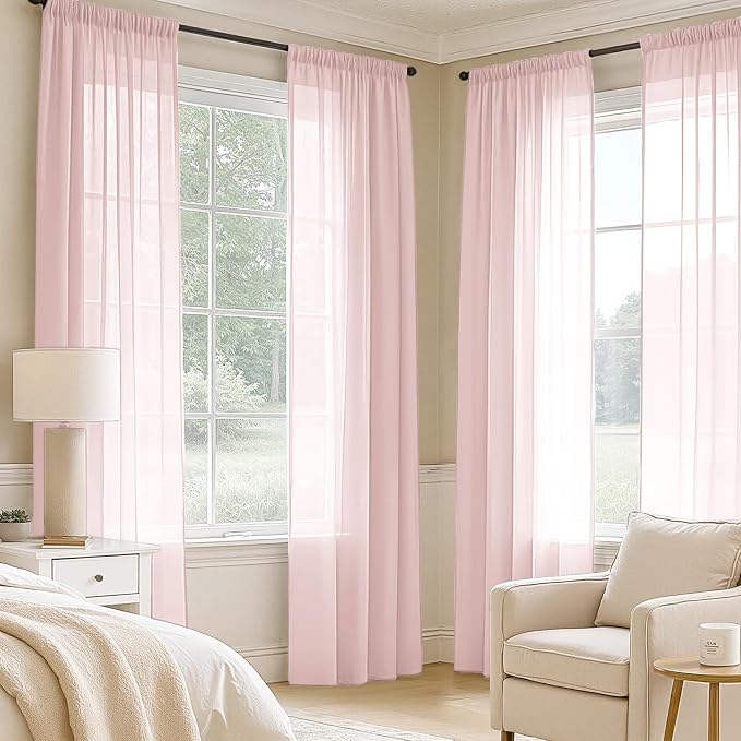 MIULEE Blush Pink Sheer Curtains 90 Inches Long, 4 Panels Set, Light Filtering - Image 2