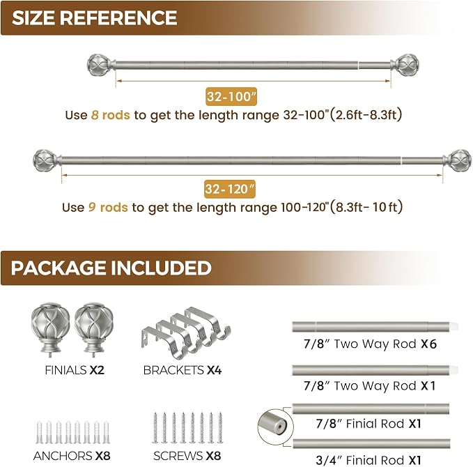 KAMANINA Curtain Rods for Windows 66 to 120 Inch, 7/8 Inch Antique Silver Heavy - Image 8