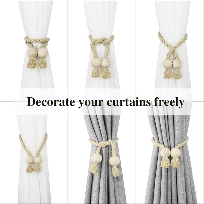 4 Pack Magnetic Curtain Tiebacks Cotton Hand Woven Tie Back Decorative Rope - Image 4