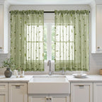 MIULEE Sage Green Sheer Curtains 2 Panels Embroidered Leaf Patterned Rod Pocket - Image 2