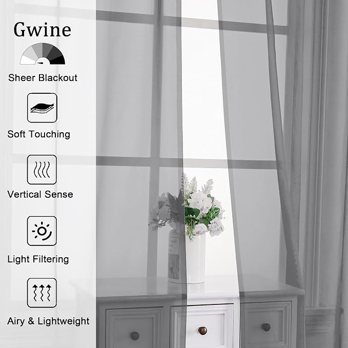 Gwine Charcoal Grey Sheer Kitchen Curtains 36 Inch Length, Light Filtering - Image 2