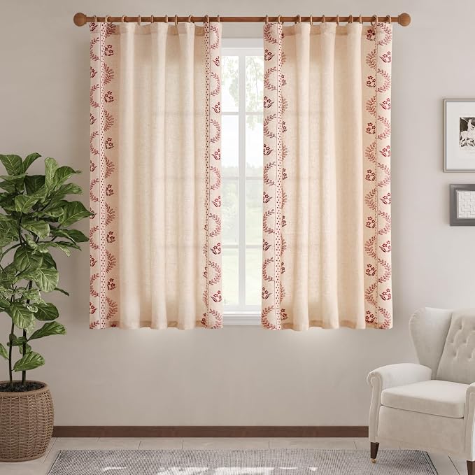 jinchan Belrose Linen Curtains for Bedroom Floral Curtains 63 Inch Length Linen - Image 2