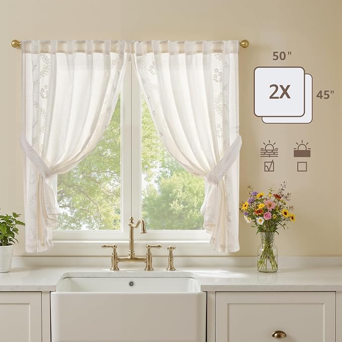 jinchan Belrose Linen Floral Cafe Curtains 45 Inch Length Embroidered Farmhouse - Image 5