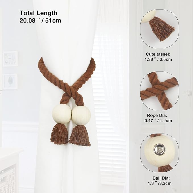 6 Pack Magnetic Curtain Tiebacks Cotton Hand Woven Tie Back Decorative Rope - Image 3