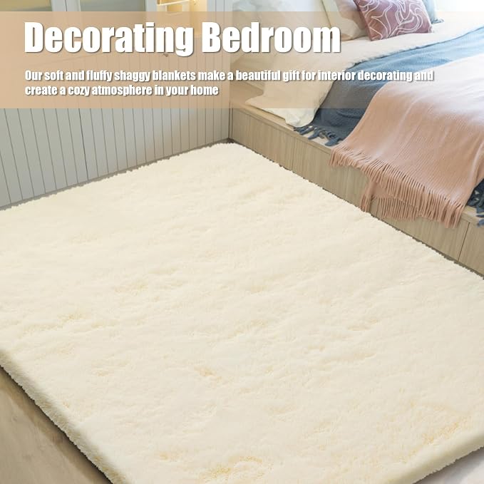 Shag Area Rug for Bedroom 3x5, Ivory Fluffy Area Rugs for Living Room, Soft - Image 6