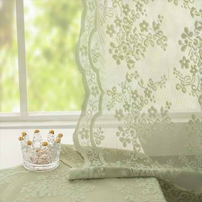 YJ YANJUN Vintage Lace Curtains -Victorian Floral Sage Green 102 inches Curtains - Image 4