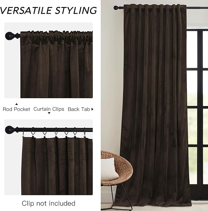 RYB HOME Brown Velvet Curtains 102 inches - Image 3