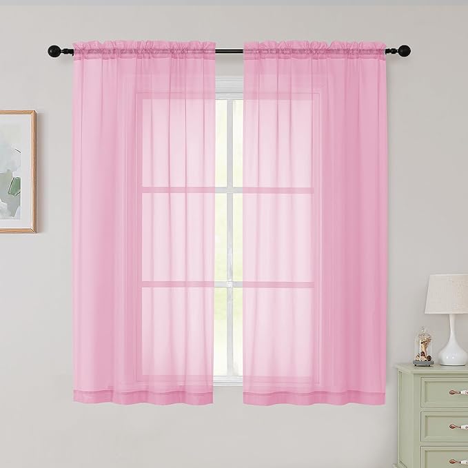 Sheer Pink Curtains for Bedroom Living Room 54 Inch Length 2 Panels Set by WelvetBLK
