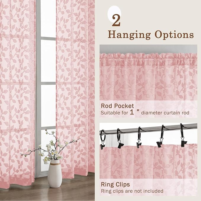 Chyhomenyc Blush Pink Sheer Curtains 30 Inch Length, Light Filtering Leaf - Image 5