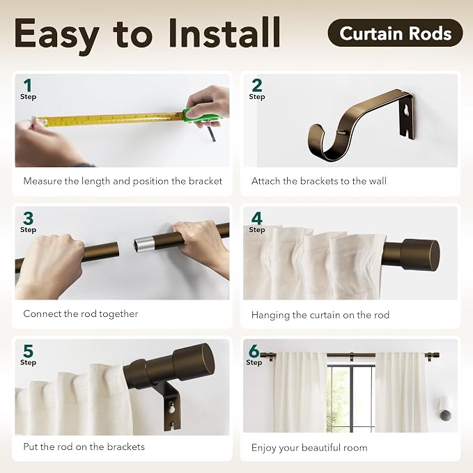 IFELS Heavy Duty Curtain Rods for Windows 48 to 84 Inch, 1 Inch Bronze Curtain - Image 6