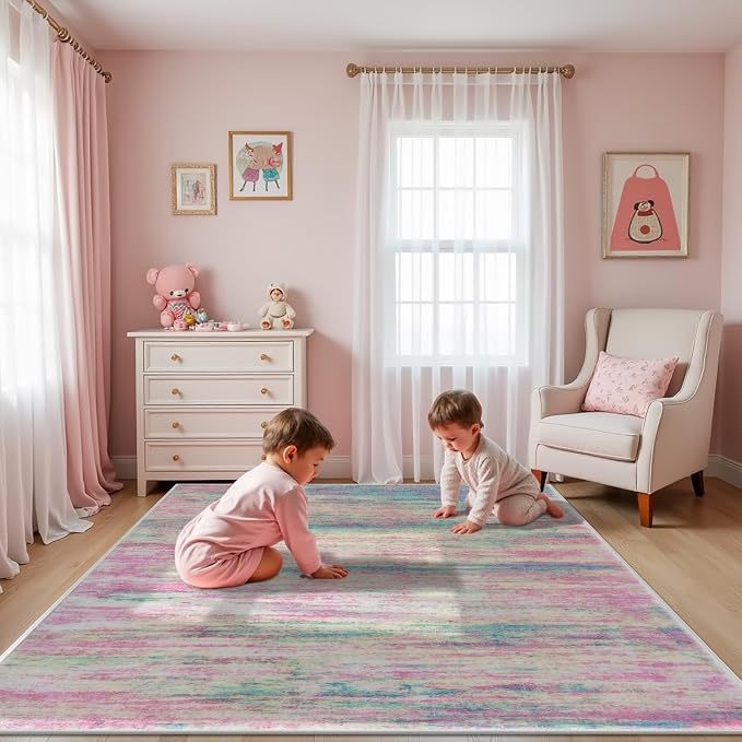 KOZYFLY Pink Nursery Rug for Baby Girl, Washable Thin Area Rugs 5x7 for Kids - Image 4