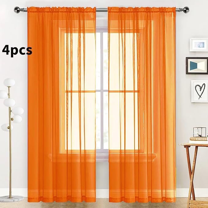 SpaceDresser Orange Sheer Curtains 4 Panels Rod Pocket Semi-Sheer Curtain 54 - Image 2