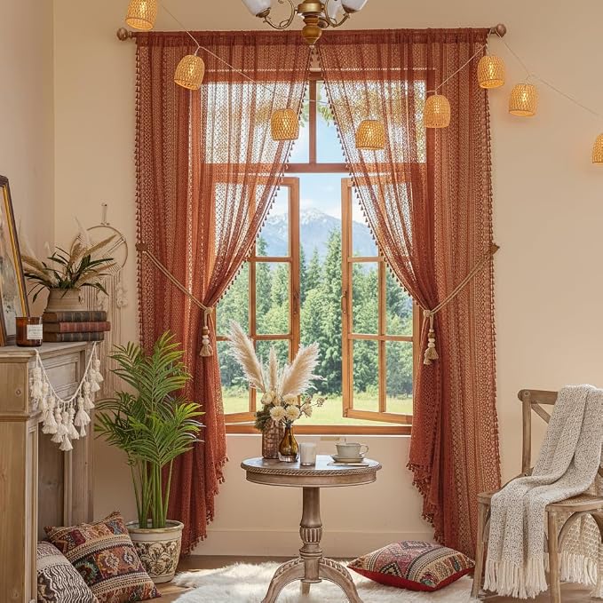 WAZZIO Boho Lace Curtains 72 Inches 2 Panel, Light Filtering Privacy Tassel & - Image 2