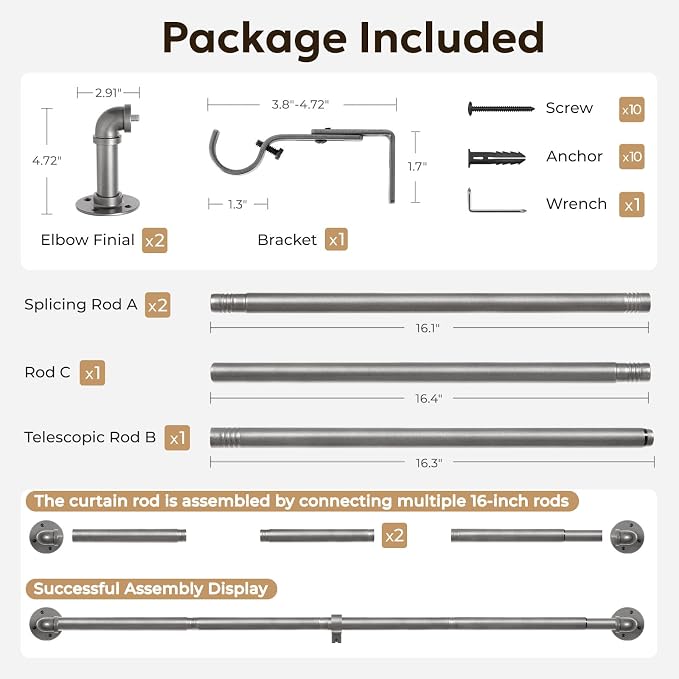 Zeerobee Curtain Rods for Windows 32 to 72, 1 Inch Industrial Wrap Around Grey - Image 7
