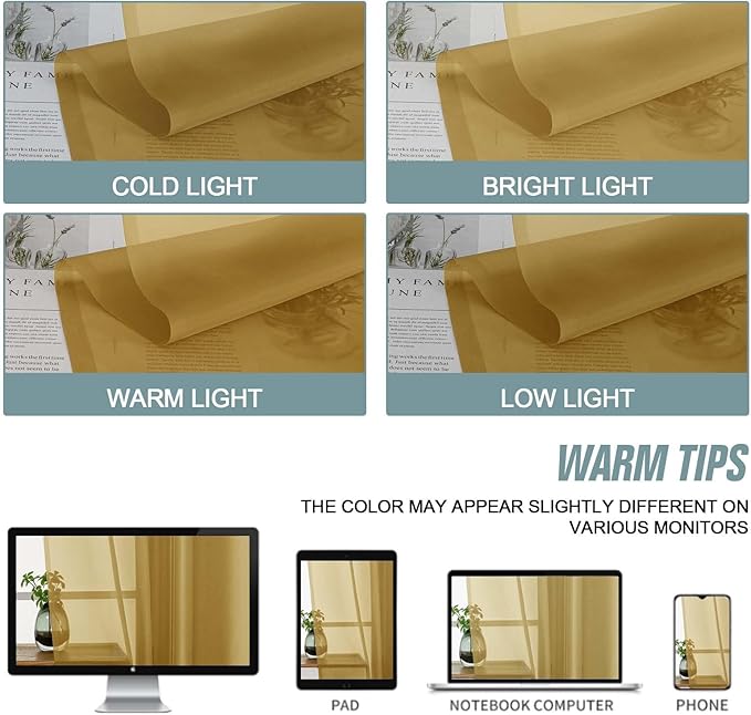 Gold Sheer Curtains 84 Inches Long 2 Panels, Elegant Airy Transparent Light - Image 6