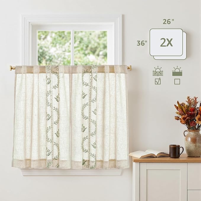 jinchan Belrose Linen Floral Kitchen Curtains 36 inch Length Embroidered - Image 5