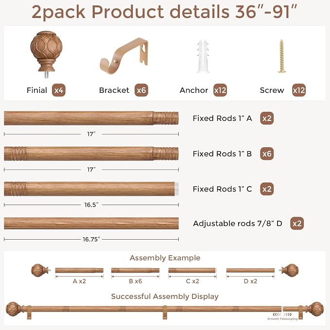 Wood Curtain Rods for Windows 48 to 84 Inch, Boho Vintage Decorative 1 Inch - Image 5
