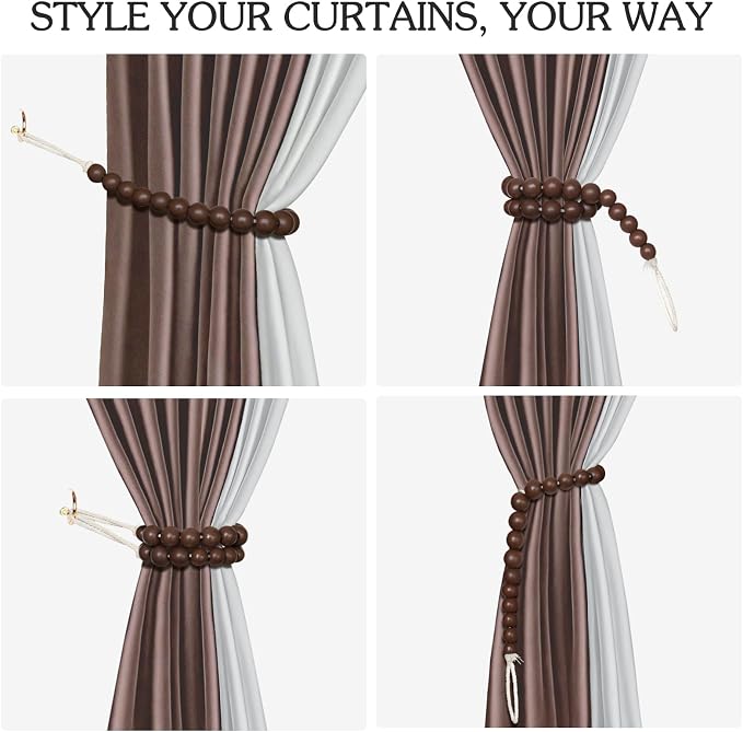 Hion 4 Pcs Boho Curtain Tiebacks, Wood Beads Curtain Holdbacks, Outdoor - Image 4