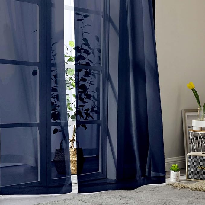 Sheer Navy Blue Curtains for Bedroom Living Room 63 Inch Length 2 Panels - Image 8