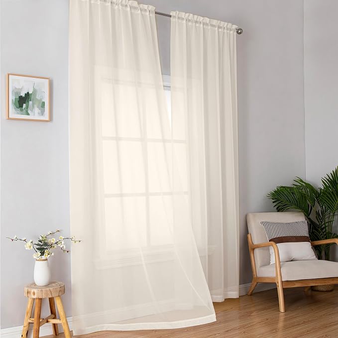 Simplebrand Cream Sheer Curtains 72 Inches Long 2 Panels - Image 2
