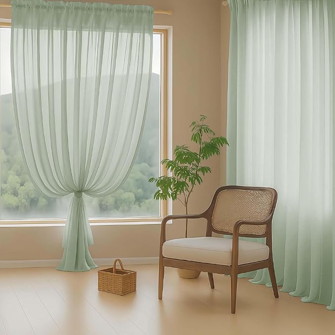Sage Green Sheer Curtains 63 Inch Length 2 Panels, Voile Sheer Curtain - Image 8