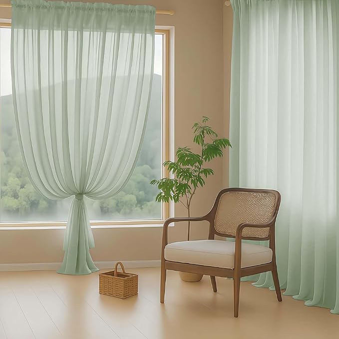 Green Sheer Curtains 216 Inches Long, Extra Long Light Filtering Modern Scarf - Image 8
