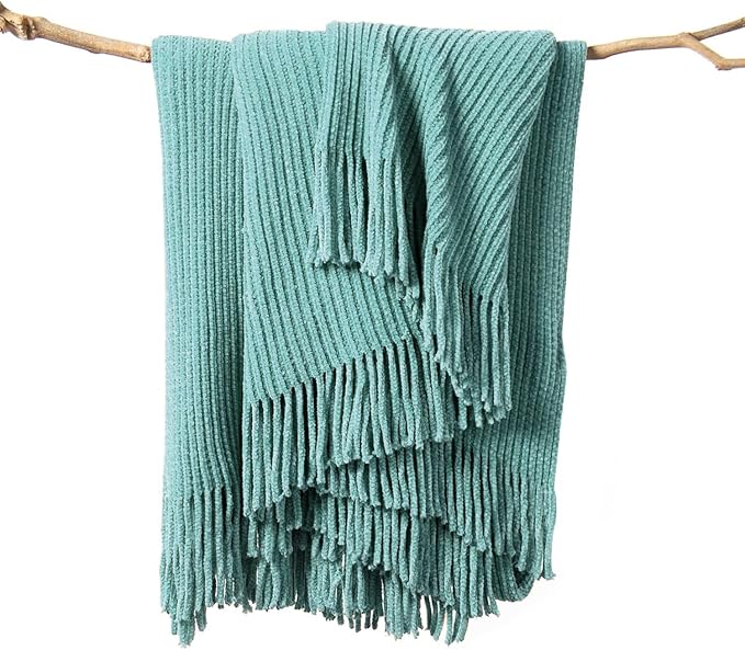 lifein Throw Blanket for Couch, Soft Boho Decor Bed Throw, Cozy Blue Chenille by lifein
