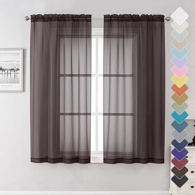 Lecloud Sheer Curtains 63 Inch Length 2 Panels Set, Chocolate Window Curtains by Lecloud