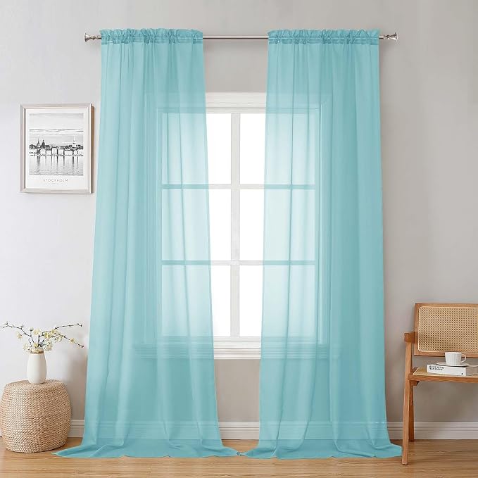 Lecloud Aqua Sheer Curtains for Living Room 96 Inches Long 2 Pcs, Dual Rod by Lecloud