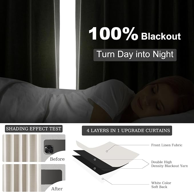 Topfinel 95 Inches Long Linen 100% Blackout Curtains 2 Panels Set Birch Ivory - Image 6