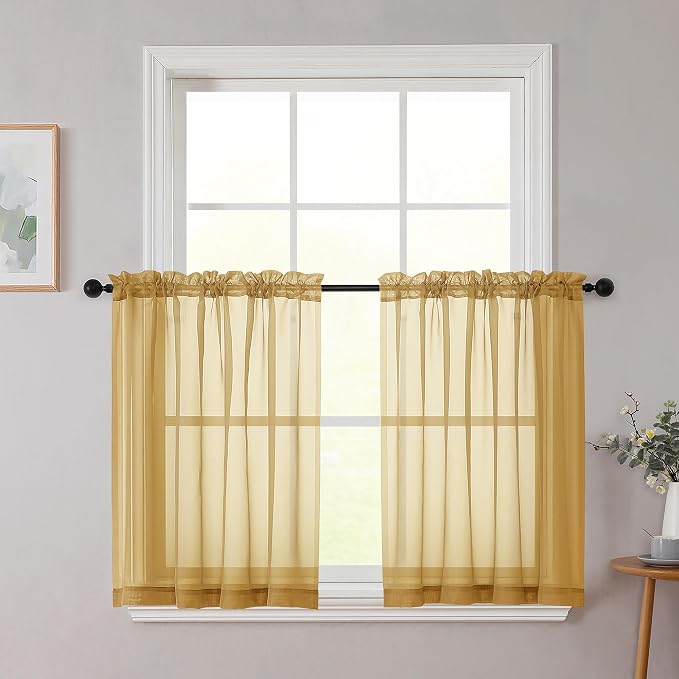 Gold Kitchen Curtains 30 Inch Length Tier 2 PCS, Solid Soft Airy Half Curtains by WelvetBLK