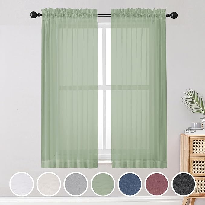 OWENIE Sheer Curtains, Sage Green Sheer Curtains 63 inch Length 2 Panels Set by OWENIE
