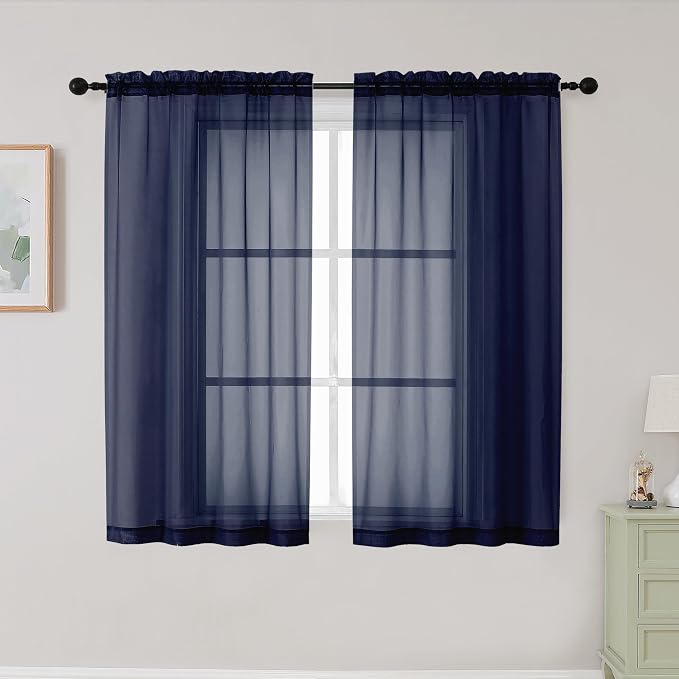 Navy Blue Sheer Curtains for Bedroom Living Room 45 Inch Length 2 Panels by WelvetBLK