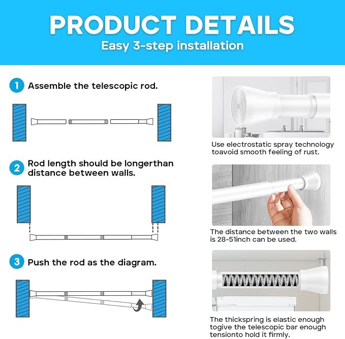AIZESI Spring Tension Rods Adjustable Tension Curtain Rod Small Tension Rod No - Image 8