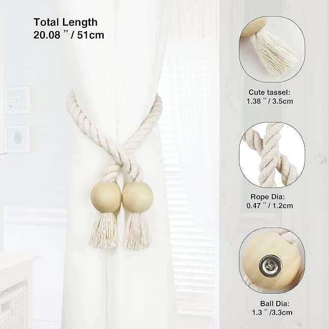 2 Pack Magnetic Curtain Tiebacks Cotton Hand Woven Tie Back Decorative Rope - Image 3